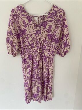 Purple Floral-Print Beige Midi Dress with Lace-Up V-Neck